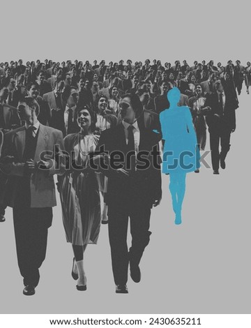 Blue silhouette of woman walking in monochrome crowd of people. Conceptual design. Standing out, rejection of standards. Concept of psychology, loneliness in society, difference