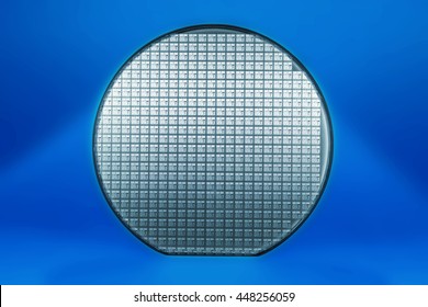 Blue silicon wafer.
Front view to a wafer slice with blue background.
