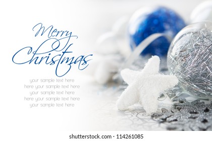 Blue and silver xmas decoration with copy space. Merry christmas. - Shutterstock ID 114261085