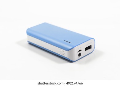 Blue Single Powerbank Isolated On White Background