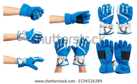 Blue ski gloves, kids hand protection, set and collection. Isolated on white background