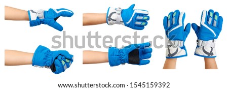 Blue ski gloves, kids hand protection, set and collection. Isolated on white background