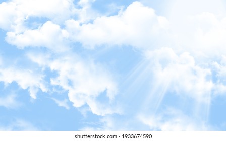 Blue Sky Background With Fluffy White Clouds And Sun Beams. Spring Or Summer Background.