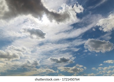 Blue Sky Background With White Fluffy Clouds Close Up