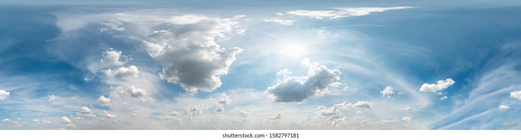 blue sky with beautiful cumulus clouds. Seamless hdri panorama 360 degrees angle view with zenith for use in 3d graphics or game development as sky dome or edit drone shot