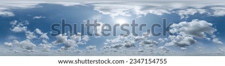 blue sky with beautiful cumulus clouds, seamless hdri 360 panorama view with zenith for use in 3d graphics or game development as sky dome or edit drone shot