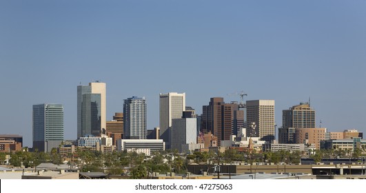 Blue Sky Cityscape of Phoenix Downtown in the Midst of Arizona Hot Summer