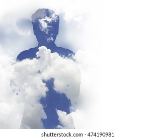 blue sky cloud inside human shape on white background