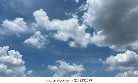 Blue Sky And Cloud Natural Background, Big White Fluffy Clouds In The Blue Sky And Blue Sky With Cloud Close Up.