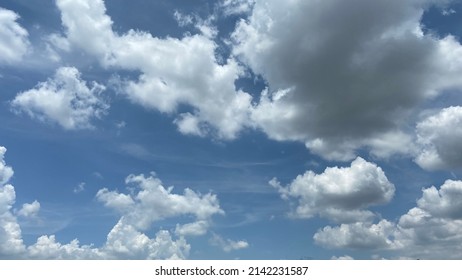 Blue Sky And Cloud Natural Background, Big White Fluffy Clouds In The Blue Sky And Blue Sky With Cloud Close Up.