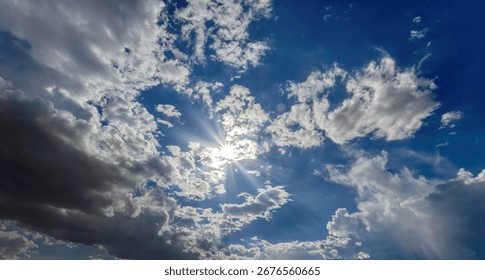 blue sky with clouds background texture , design elements, sky replacement, sun rays shining