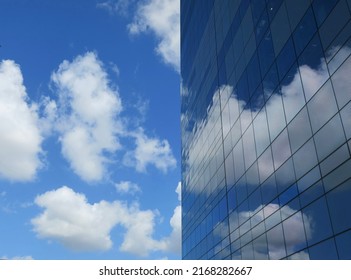  a blue sky with clouds and a glass building reflecting them