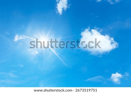 blue sky with clouds and sun reflection