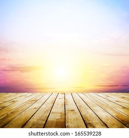 blue sky with clouds and wood planks floor background
