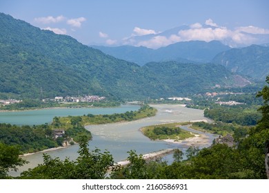Blue sky with copy space for text, aerial image of the Dujiangyan oldest irrigatioan system in the world in Sichuan, China. UNESCO world heritage site in Asia