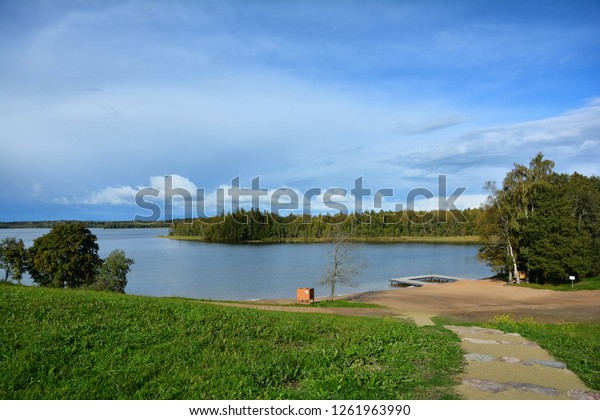 Blue Sky Lake Forest Beach On Royalty Free Stock Image