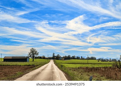 Blue sky with light clouds and a pattern of exhaust vapor trails from aircraft