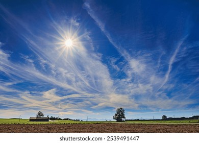 Blue sky with light clouds and a pattern of exhaust vapor trails from aircraft