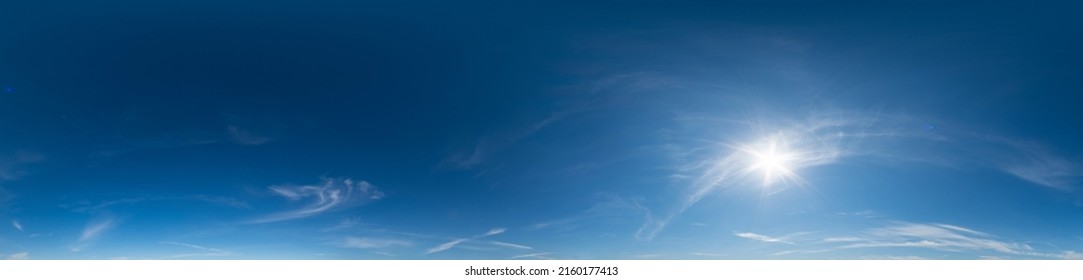 Blue sky panorama with Cirrus clouds. Seamless hdr 360-degree pano in spherical equirectangular format. for 3D visualization, game, and sky replacement for aerial drone 360 panoramas.