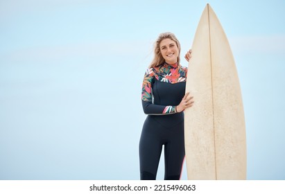 Blue Sky, Portrait And Surfboard, Surfer And Woman Ready To Surf Costa Rica Ocean Waves On Vacation And Mockup. Fitness, Health And Female Holding Board For Water Sports, Surfing Or Training Exercise