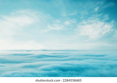 Blue sky with some clouds. View over the clouds.ummer blue sky cloud gradient light white background. Beauty clear cloudy in sunshine calm bright winter air bacground. Gloomy vivid cyan landscape in e - Shutterstock ID 2284558685