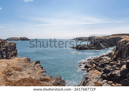 Blue sky, white clouds, calm sea. There is no Puffin's Puffin Viewing Site yet, the scenery of the bay. -Elliston, Newfoundland and Labrador, Canada. 