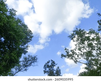 Blue sky and white clouds view. Very bright blue sky with beautiful clouds with peaceful daytime sky view panorama. The sun is shining brightly. Blue sky and white clouds during the day.