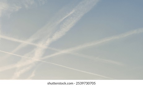 blue sky, white stripes, traces of airplane flight, air background abstract . High quality photo