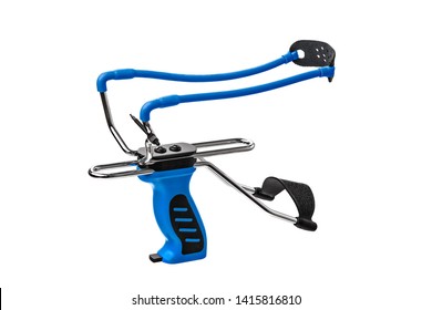 Blue Slingshot Isolate On White Background. Modern Slingshot With Ergonomic Grip With Tubular Bands.