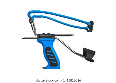 Blue Slingshot Isolate On White Background. Modern Slingshot With Ergonomic Grip With Tubular Bands.