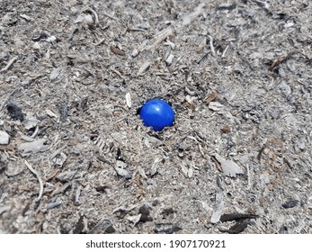 A Blue Small Glass Ball - In Gray Ash In The Sun (angle).