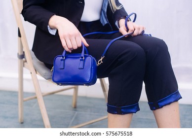 Blue Small Handbag In Woman Hands