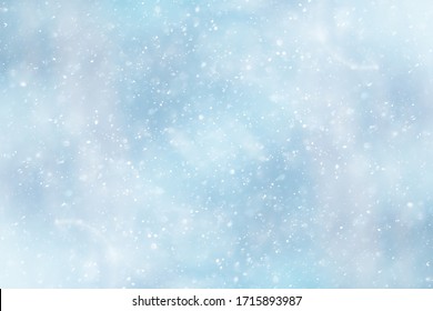 Blue Snowfall Bokeh Background, Abstract Snowflake Background On Blurred Abstract Blue