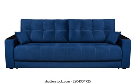 Blue Sofa With Pillows On White Background. Upholstered Furniture For The Living Room. Blue Couch Isolated.