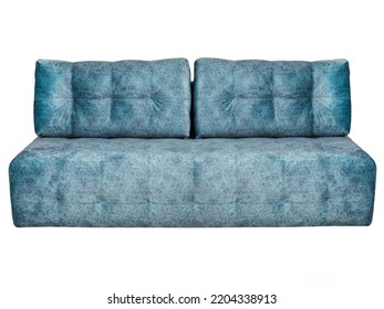 Blue Sofa With Pillows On White Background. Upholstered Furniture For The Living Room. Blue Couch Isolated.