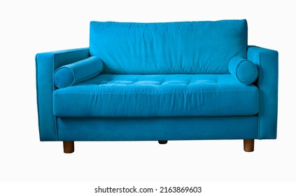 Blue Sofa With Rollers On Wooden Legs Isolated On White. Blue Couch Isolated