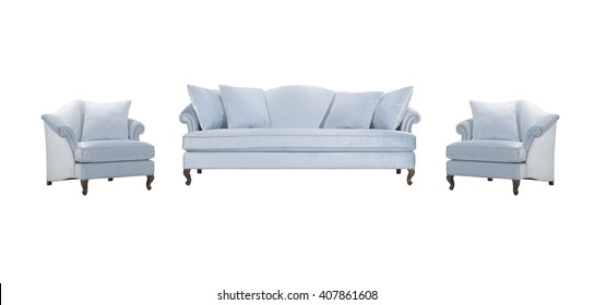 Blue Sofa Set Isolated With Clipping Mask.
