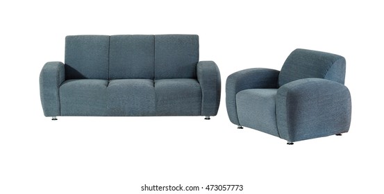 Blue Sofa Set Isolated On Background With Clipping Path.
