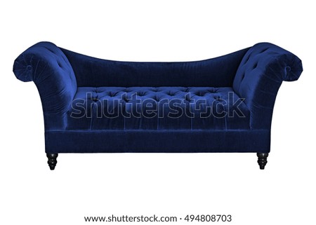 Blue sofa upholstery cover of velvet, on white background work with clipping path.
