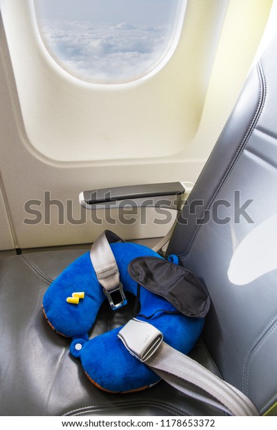 Blue Soft Traveling Pillow Noise Removing Stock Photo Edit Now