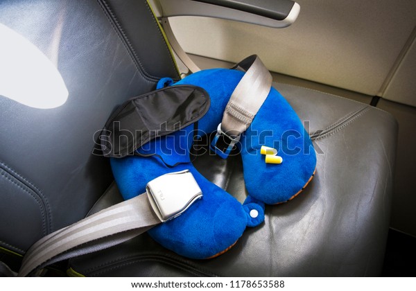 Blue Soft Traveling Pillow Noise Removing Stock Photo Edit Now