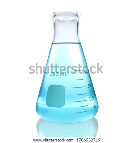 Blue solution in Erlenmeyer flask on white background with clipping path. Erlenmeyer flask size 250 milliliter with that contains the blue liquid. Preparation of an alcohol solution to eliminate COVID