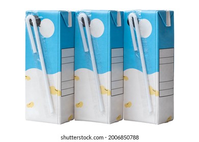 Blue Soy Milk Boxes Isolated On A White Background