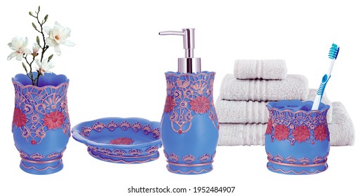 Blue spa set, towel dish shampoo bath item in white background - Shutterstock ID 1952484907