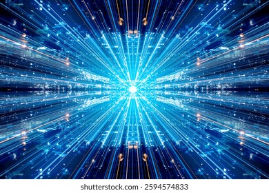 Blue Speed ​​lines or light trails. Abstract blue lines with glowing stripes and colorful patterns. Futuristic technology or science fiction background.