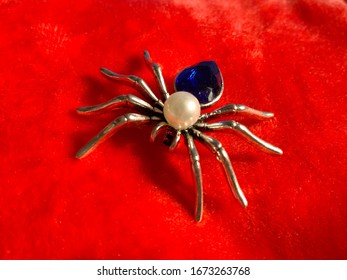 Blue Spider Brooch With Pearl