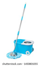 Blue Spin Mop With Bucket On White Background