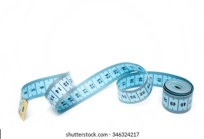 Blue spiral measuring tape isolated on white background.