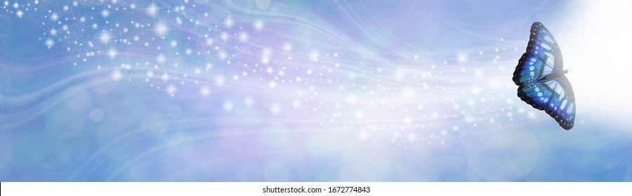 Blue Spiritual Sparkle Butterfly Message Banner - wide gaseous flowing glittering shimmering banner with a beautiful single open winged butterfly in right corner moving towards white light and space f