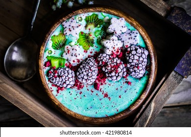 Blue Spirulina Smoothie On Wooden Background